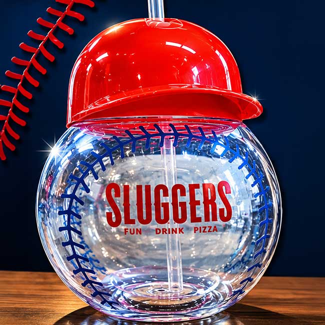A clear baseball-shaped cup with a red helmet lid from our pizza restaurant SLUGGERS FUN DRINK.