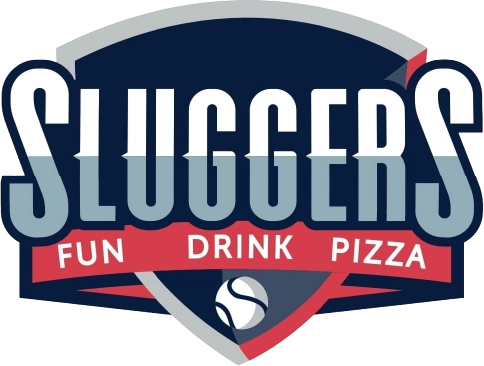 Logo with the word Sluggers, a baseball, and text below: Fun Drink Pizza at your Tucson restaurant.