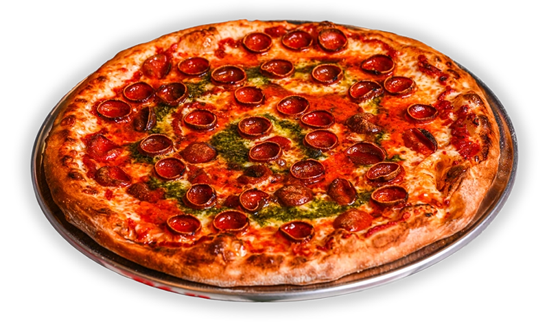 A pepperoni pizza with green pesto sauce is served bar-style on a tray, perfect with chicken wings.