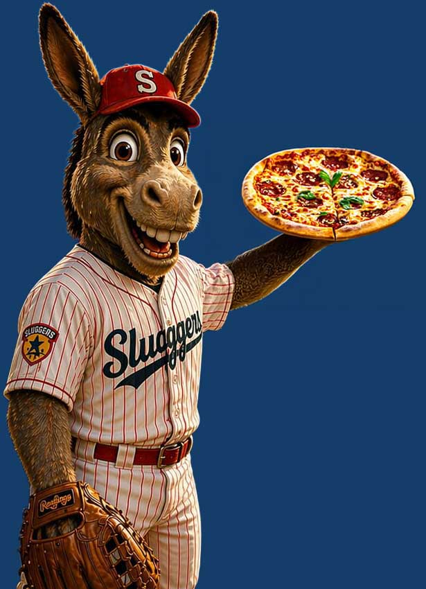 A cartoon donkey in a baseball uniform holds a pizza, promoting a Tucson restaurant.